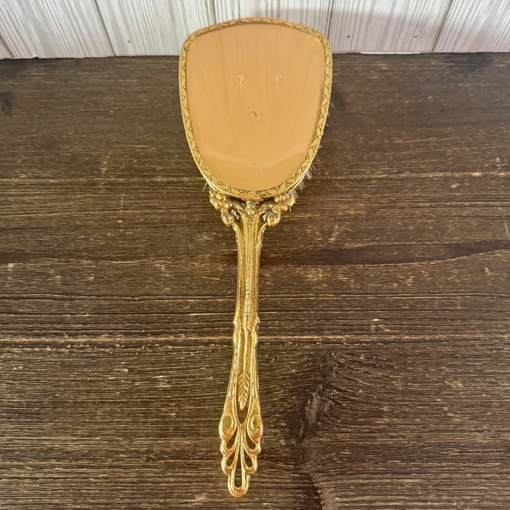 Vintage Ornate Gold Tone Hair Brush Hollywood Regency Vanity Handheld MCM 10"